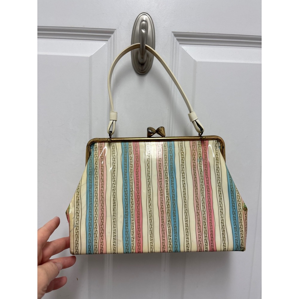 Vintage Pastel Striped Vinyl Frame Handbag Greek Key Brass Kiss Lock Clasp